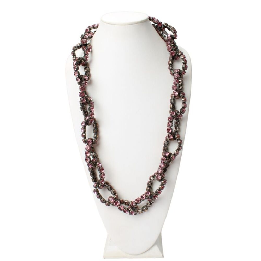 Vera Wang Womens Silver Tone Pink Crystal Chain Link XL Ribbon Necklace